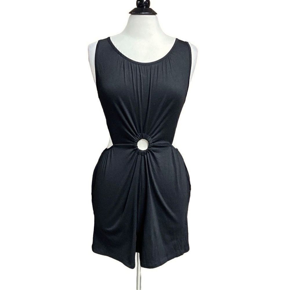 DEEP SELF Women’s Black Sleeveless Tank Romper Cutout O Ring Shorts Romper Sz Sm